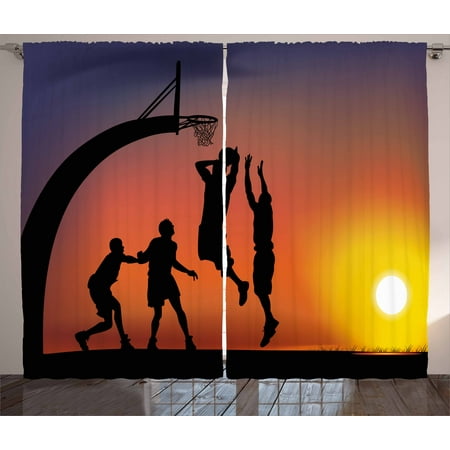 Sunset Window Windows (Teen Room Decor Curtains 2 Panels Set, Boys Playing Basketball at Sunset Horizon Sky Dramatic Scene, Window Drapes for Living Room Bedroom, 108W X 84L Inches, Dark Coral Black Yellow,)