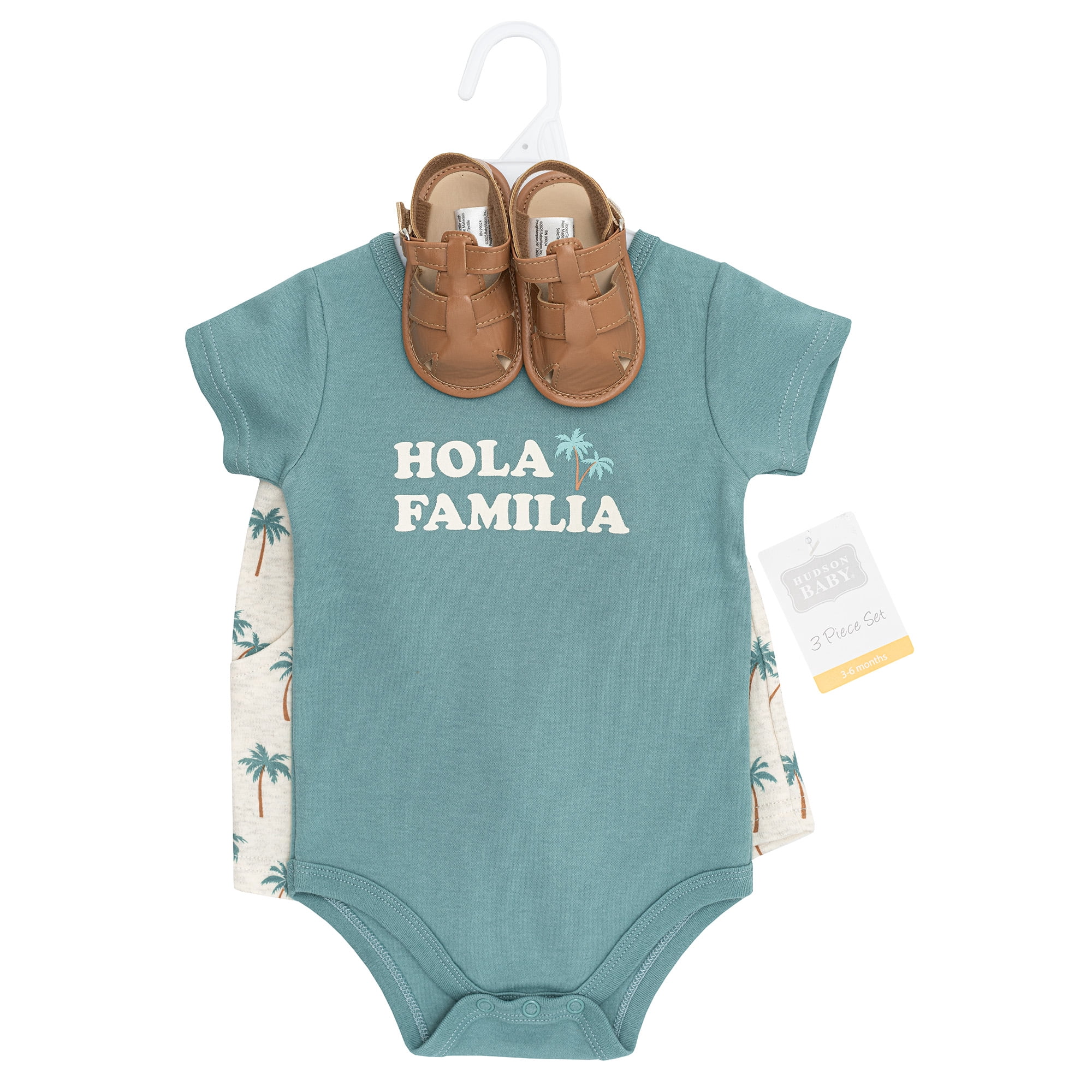 Hudson Baby Boy Cotton Bodysuit, Shorts and Shoe Set, Hola Familia, 6-9 Months