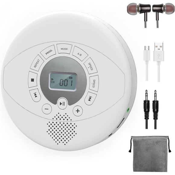 ELEPEX Portable CD Player, Walkman CD Player with Headphones, Discman with Speaker,Anti-Skip CD Player for Car, Rechargeable 1500mAh, CD,USB disc playable with Memory, AUX in for audiobook, White196