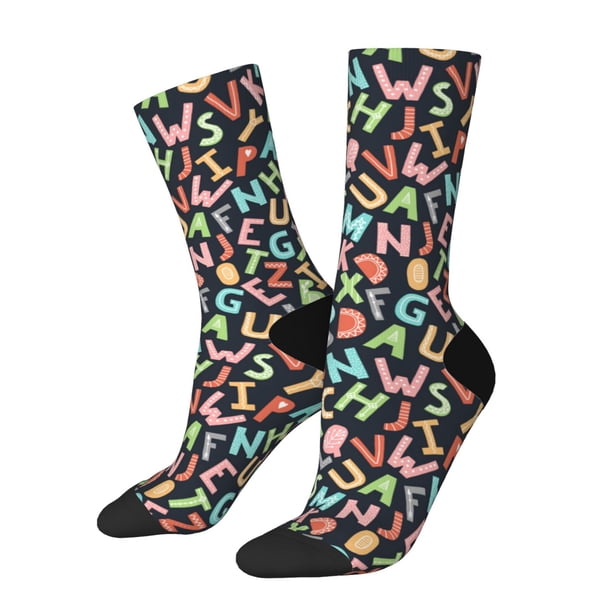 Fotbe Alphabet Calcetas Largas con Estampado para Hombre y Mujer – Calcetas de Compresión Transpirables y Elásticas, Viajar y Uso Diario Talla 5-11
