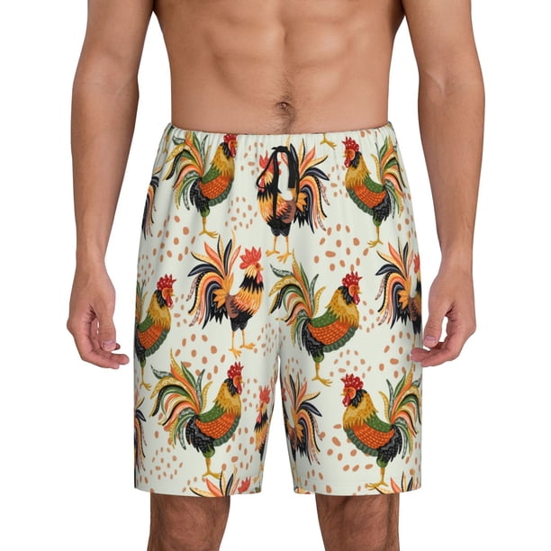 Balery Colorful Roosters Pantalones cortos de pijama de punto de algodón para hombre con cinturilla y bolsillos-Large