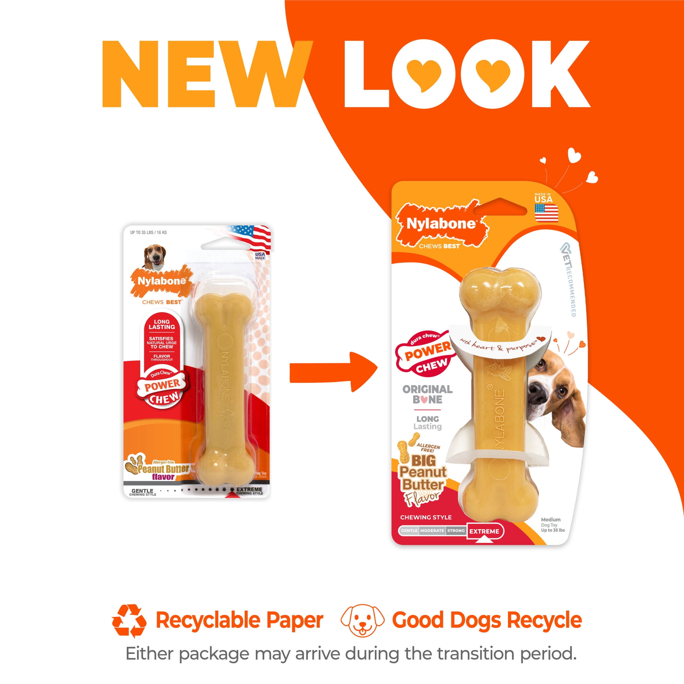 (2 pack) Nylabone Power Chew Original Bone Dog Toy, Dog Chew Toy, Peanut Butter Flavor, Medium, 1 Count