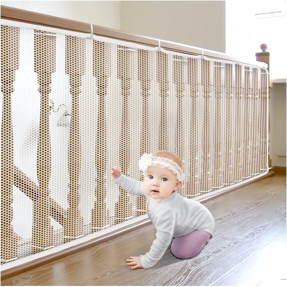 GoXteam Child Safety Net, Durable Banister Guard for Baby Safety Stairs Railing Balcony Cribs, Banister Stair Mesh Baby Proofing, Easy to Install Stair Netting for Kids, Pets, Toys, 9.8ft x 2.6ft