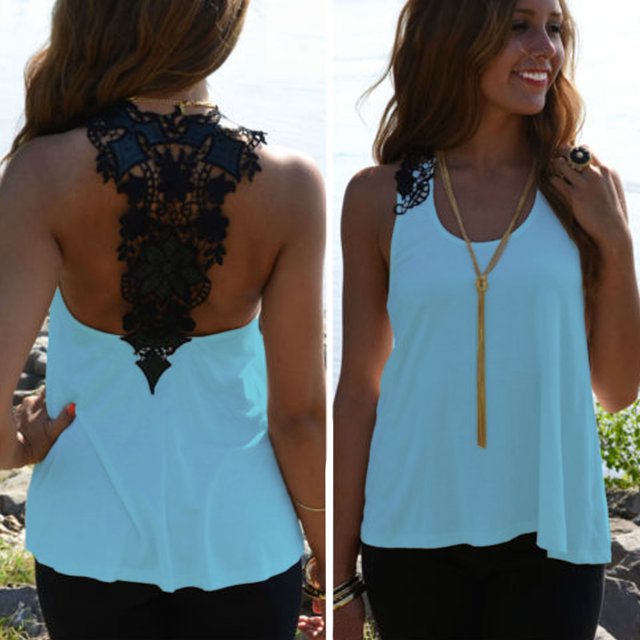 Top de verano para mujer, chaleco sin mangas, camiseta sin mangas con encaje de ganchillo Irfora Azul S