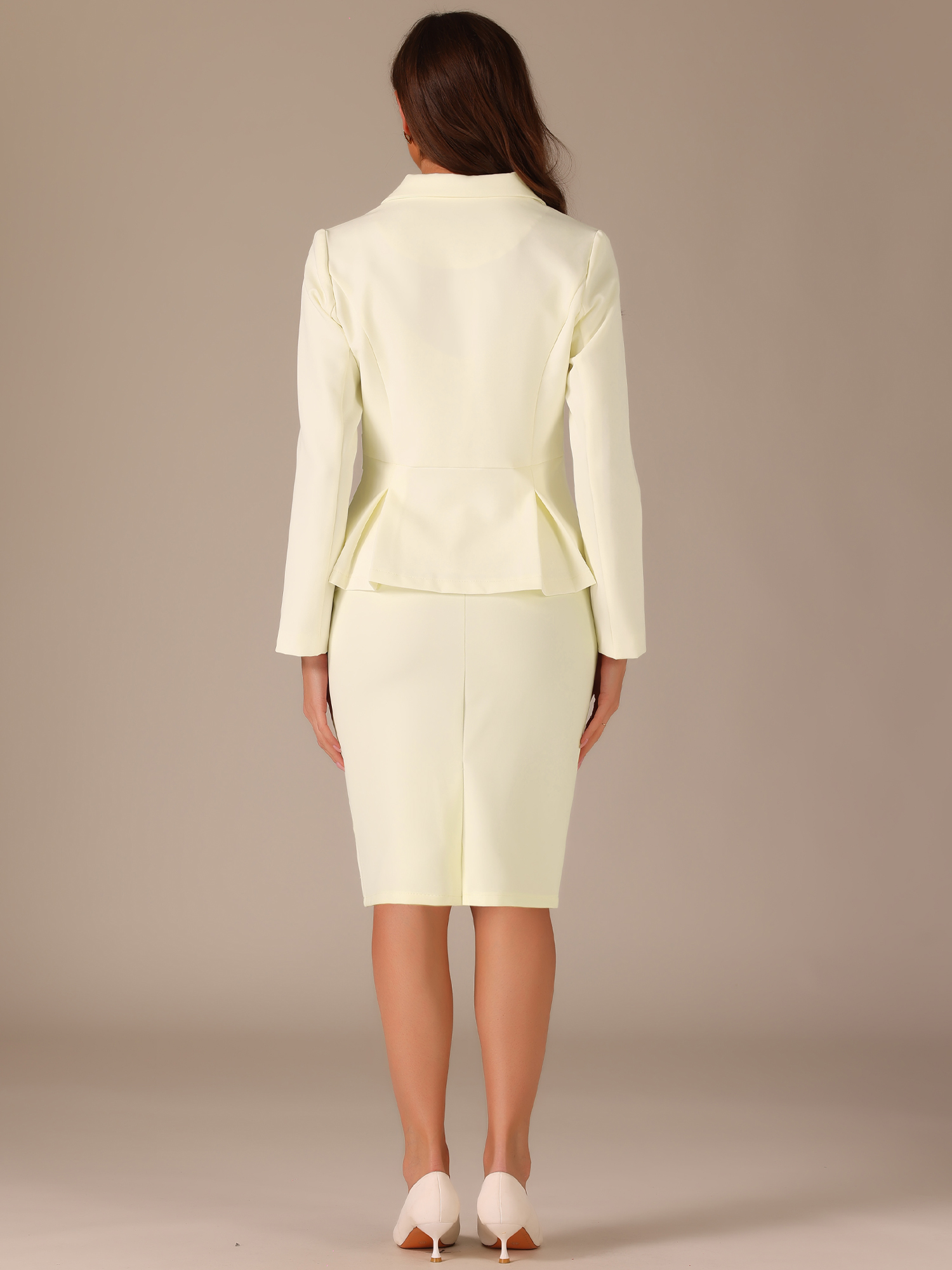DARING DIVA Women's Peplum Blazer Pencil Skirt 2 Pcs Suit Set M White Beige