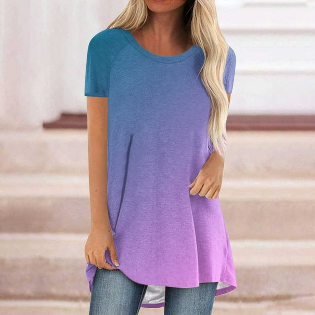 Hauts d'Été pour Femmes, T-Shirts à Col Rond Dégradés pour Femmes à la Mode Coupe Ample Manches Courtes Col Rond Blouse Longue Hauts Décontractés pour Dames