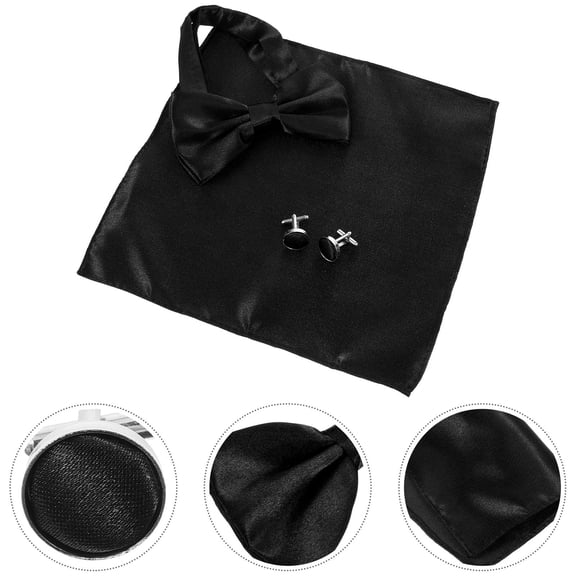 Topbathy 1Set Mens Black Bow Tie Set with Satin Handkerchief and Durable Cufflinks for Tuxedo Shirts