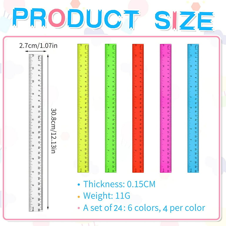 12” Multicolored, Transparent, Semiflexible Plastic Rulers, Set of 24