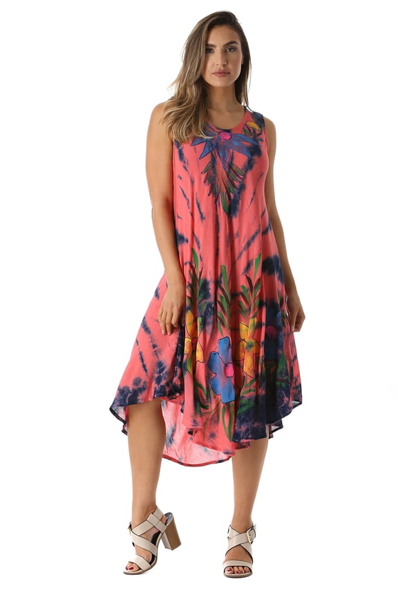 Tie Dye Summer Dress with Floral Hand Painted Design (Coral / Navy, X-Large)