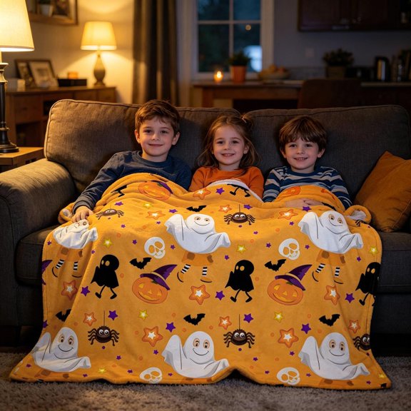 LEFXSMR Halloween Blanket Cute Ghost Decor Fleece Fall Throw Blanket for Couch Orange Halloween Decoration for Home Holiday Sofa Bed, 59.05x78.74"