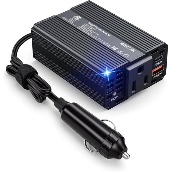 BESTEK Power Inverter DC 12V to AC 110V - 200W Car Plug Adapter Outlet PD 30W USB-C & QC18W USB-A Fast Charging Port - Car Charger Cigarette Lighter Adapter for Phone, Laptop - ETL FCC Certified