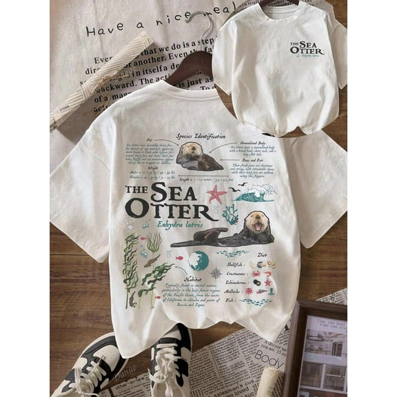Vintage Sea Otter Biological Print Casual Round Neck Short Sleeve T-Shirt