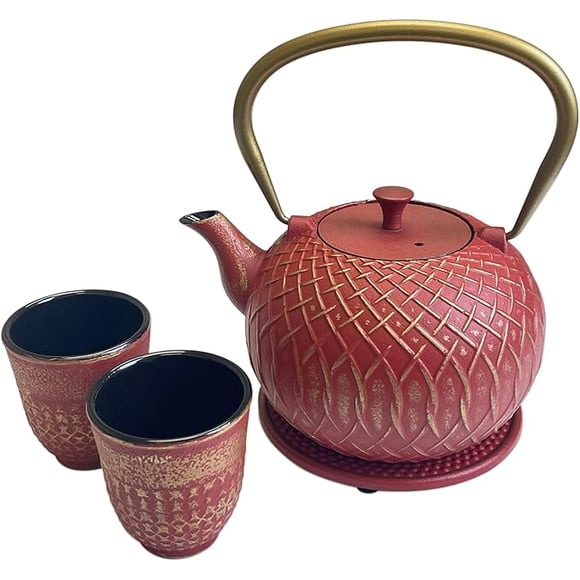 Cuisiland 33.8OZ Red Cast Iron Teapot with Two 4oz Cups and 1 Trivet Set - Enameled with Exquisite Woven Design