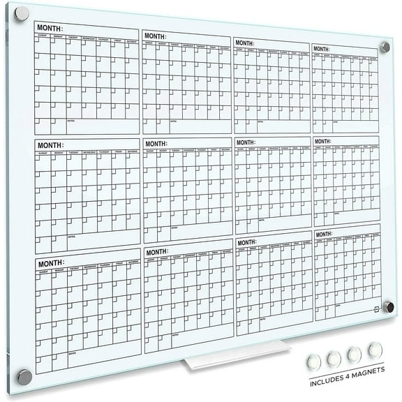 Magnetic Glass Whiteboard Calendar Yearly Planner White Board Calendar Dry Erase Board 34”x46” Dry Erase Calendar for Wall Glass Calendar Whiteboard Home Office Large Wall Calendar