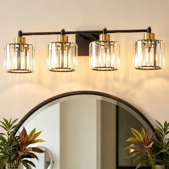 Deyidn Modern 4-Light Bathroom Vanity Light with Crystal Shades, 31 Inch Black Gold Dimmable Light Fixture for Mirror