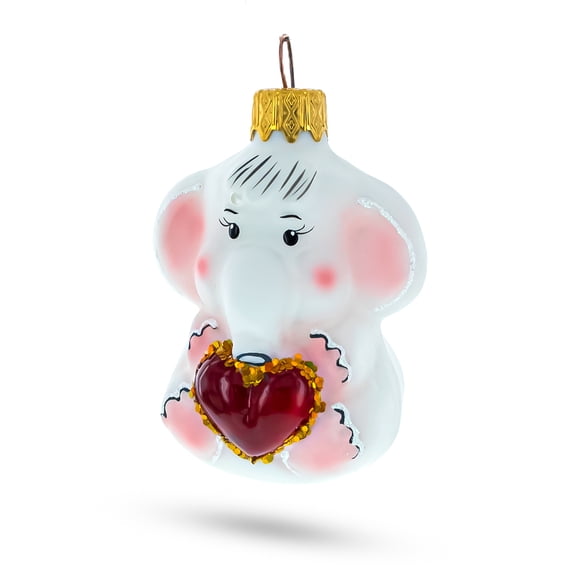 White Elephant with Red Heart Mini Glass Christmas Ornament