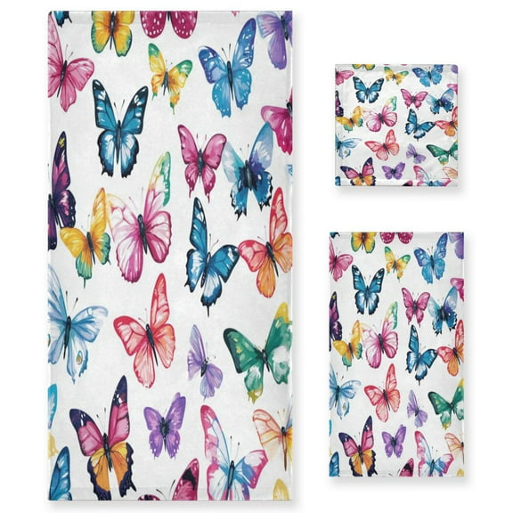 3 Sizes of Towel Sets Including Bath Towel Hand Towel and Washcloth for Daily Use Butterflies in Various Sizes