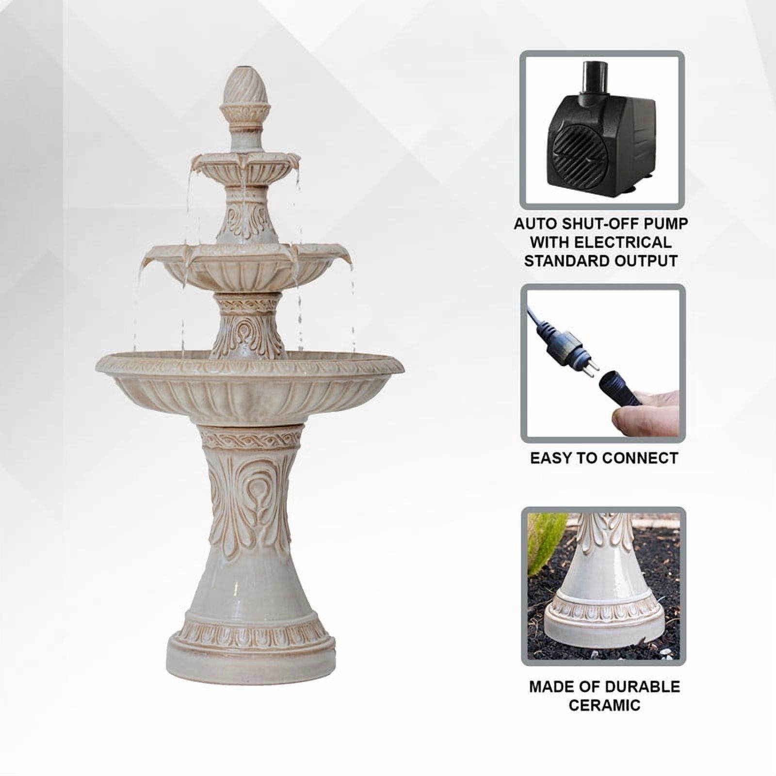 47 in H Freestanding Garden 3-Tiered Outdoor Waterfall Fountain w/Leaf Details, Ceramic, Beige