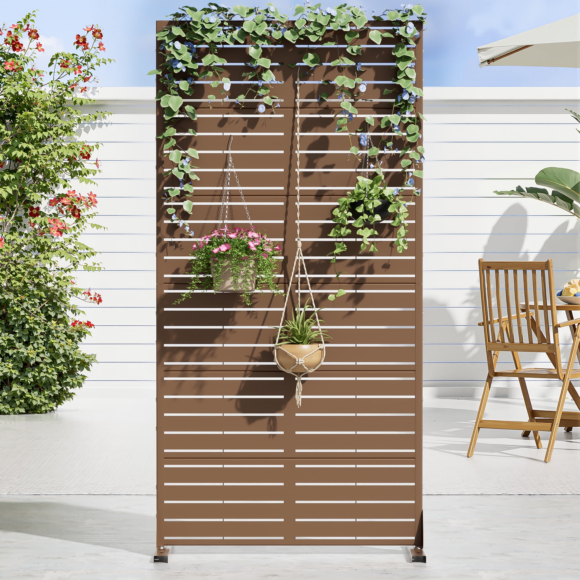 MAYEERTY 72×35" Outdoor Brown Metal Privacy Panel Screen for Backyard & Garden, Louvered Pattern