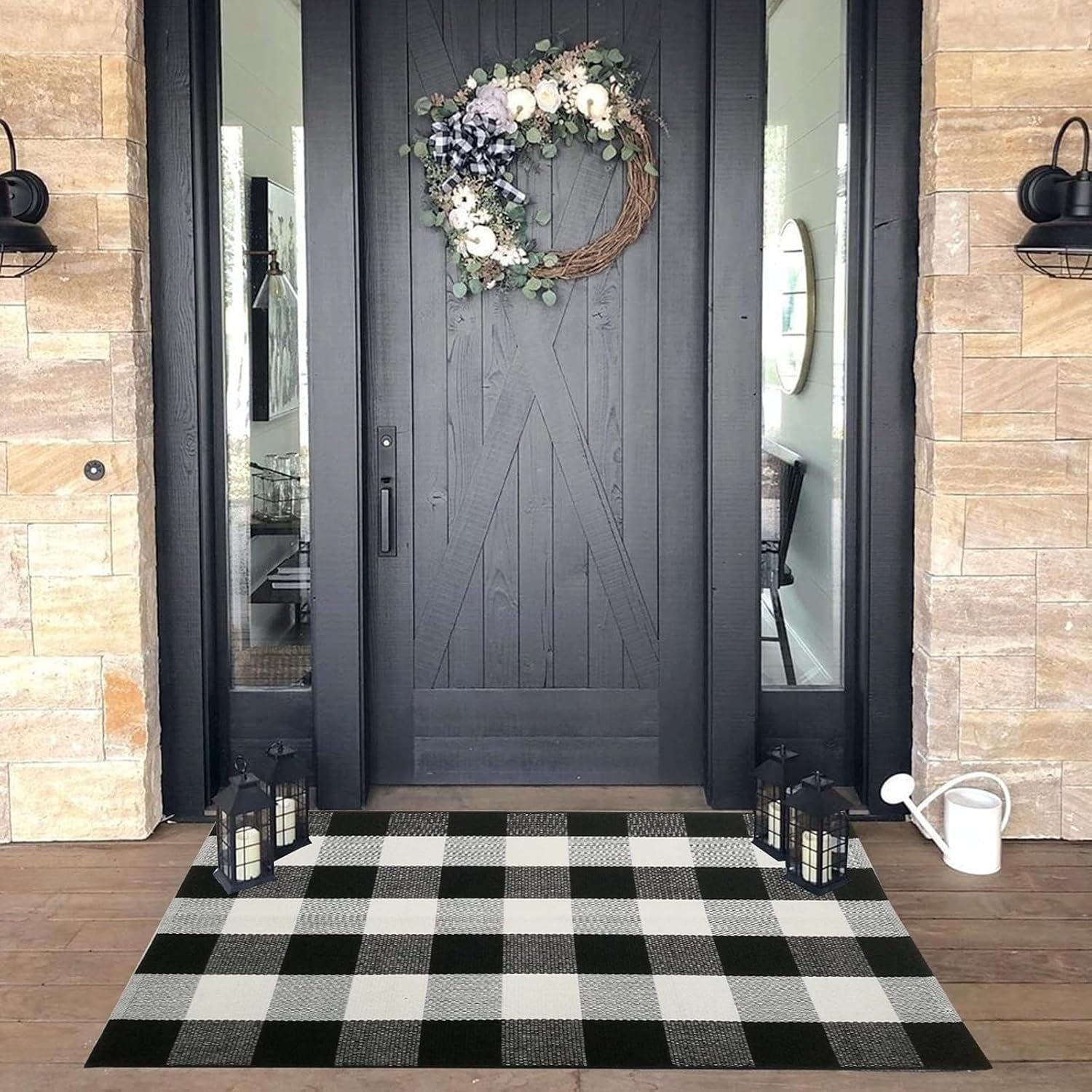 Fall Outdoor Rug Orange Buffalo Plaid Outdoor Rug Cotton Hand-Woven Buffalo Check Rug Layered Doormats for Front Door/Front Porch/Farmhouse/Entryway/Patio(Orange and White Plaid, 3' x 5')