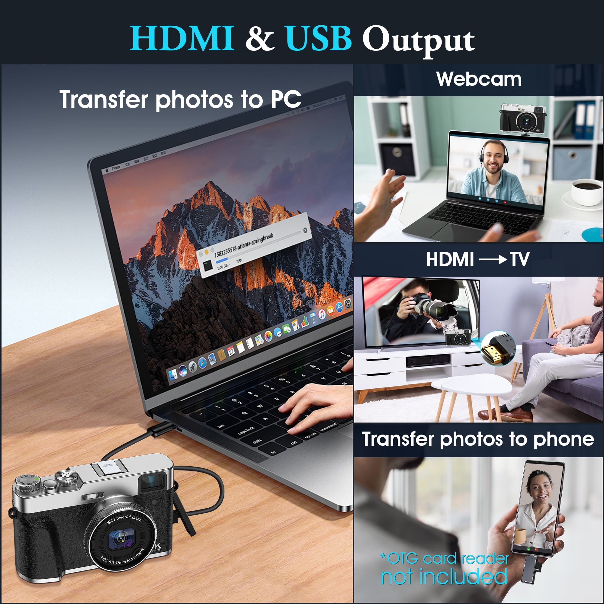 4K Video Digital Camera, AutoFocus 48MP Vlogging Camera for YouTube Anti-Shake with Viewfinder Flash & Dial,16X Zoom Travel Portable Camera with 32GB Card,2 Batteries (Black)