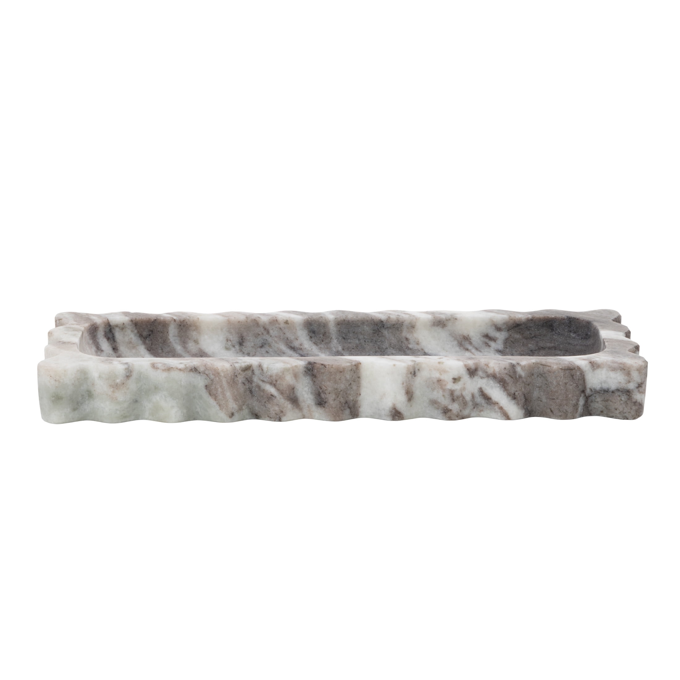 DecMode 12" x 5" Gray Marble  Tray with Brown Swirl Pattern and Wavy Edges, 1-Piece