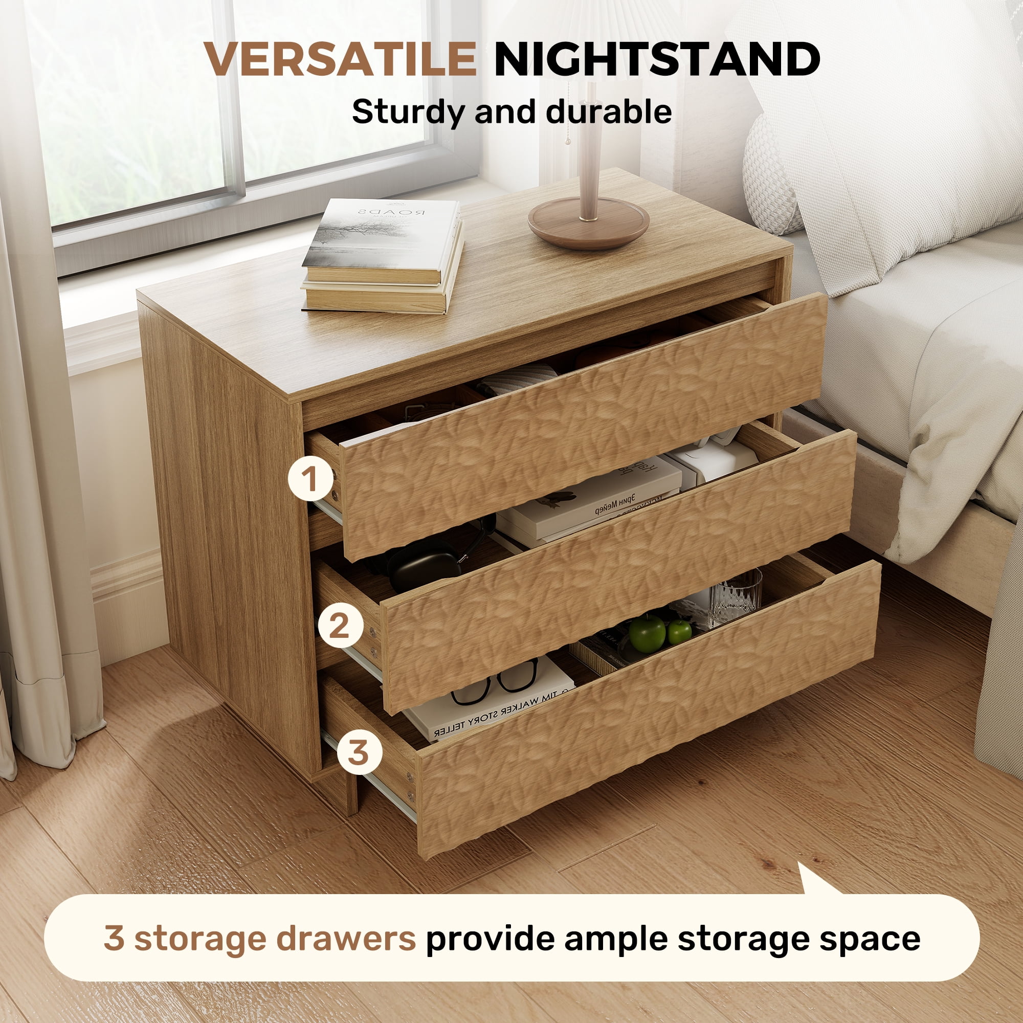 MOONMISS 3 Drawers Nightstand with Charging Station, Wood Night Stand with Waterproof Table Top for Bedroom, Livingroom, Natural Wood
