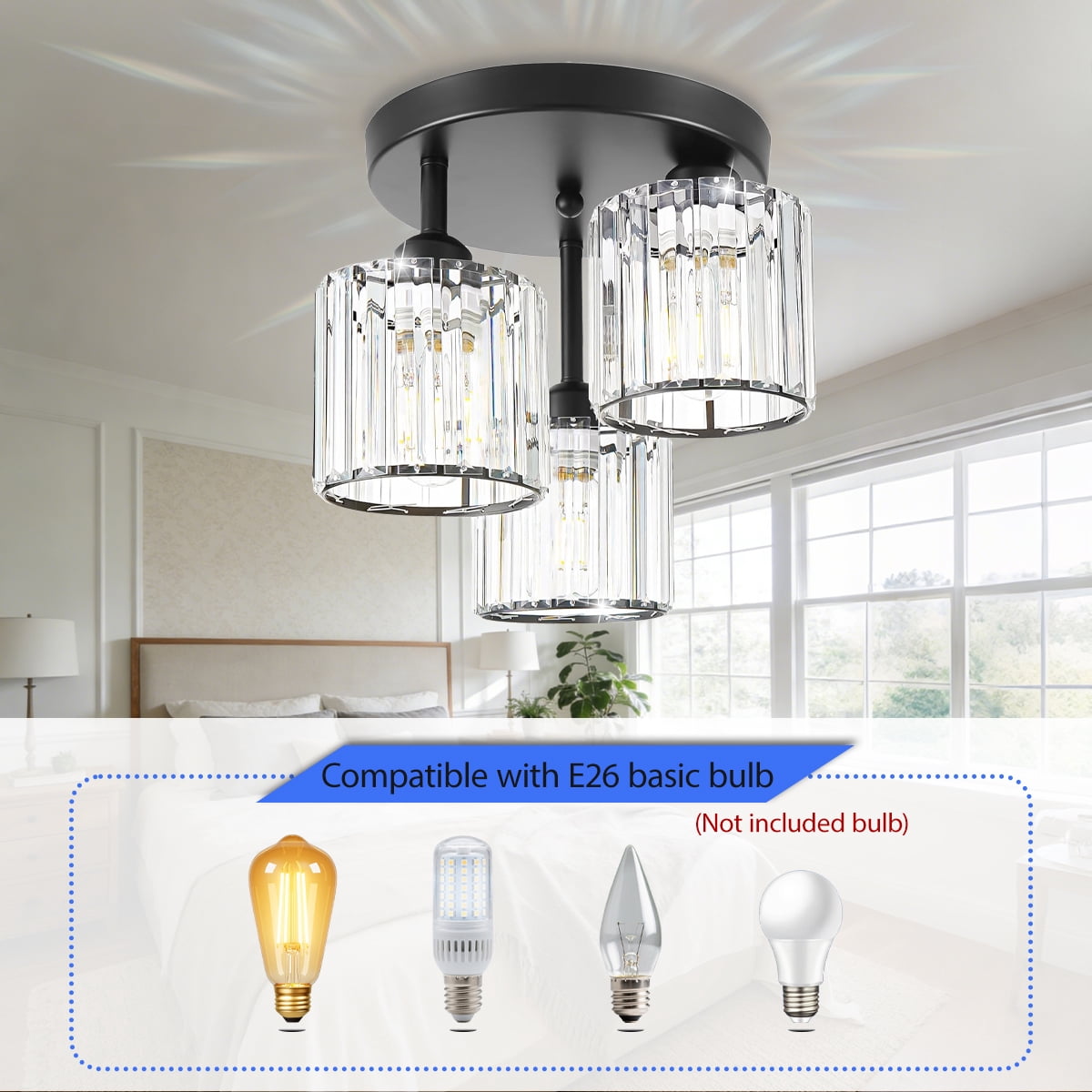 Crystal Semi Flush Mount Ceiling Light, 3-Light Close to Ceiling Light Fixtures, Modern Light Fixtures with Clear Crystal Shade, for Hallway Foyer Entryway Bedroom Kitchen, Black