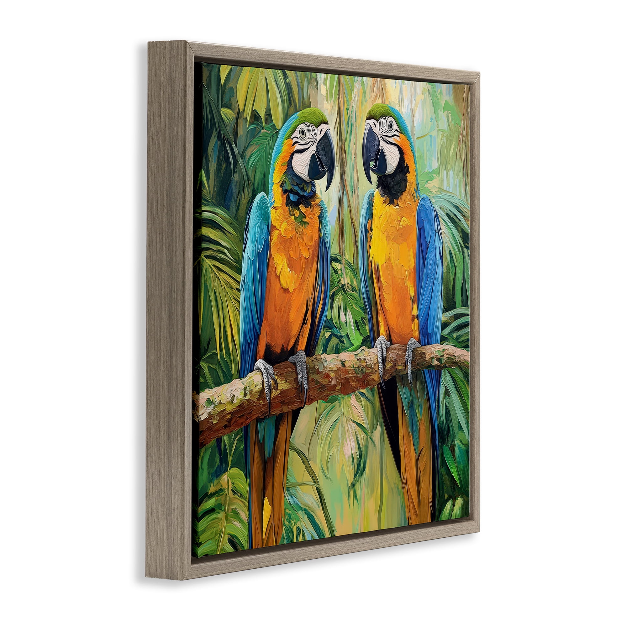 Stupell Industries Two Macaws Among Foliage Brown Framed Floater Canvas Wall Art, design by Petal Prints Design