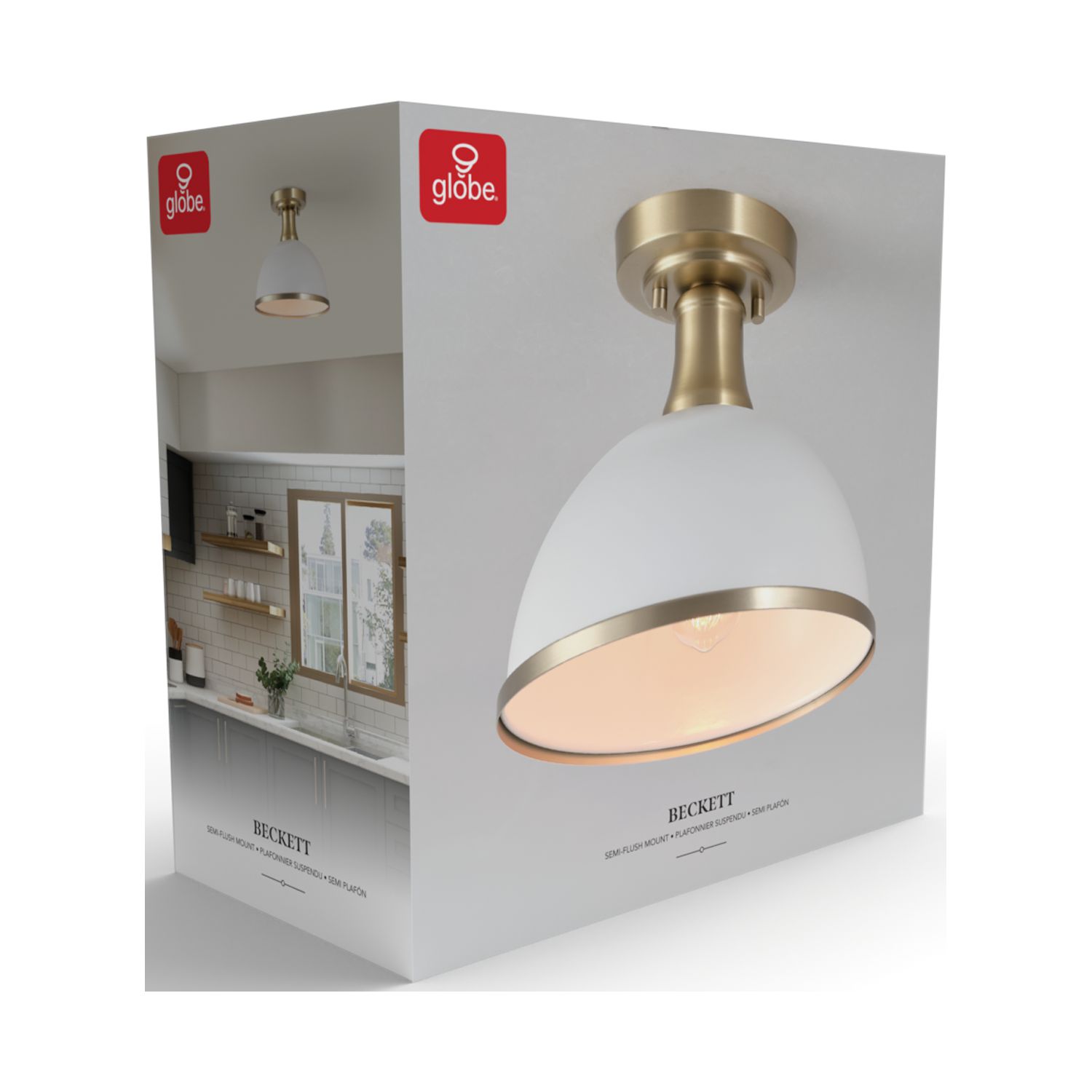 Globe Electric 1-Light Matte White Semi-Flush Ceiling Light, Brass Accents, Modern Glam, 91004455