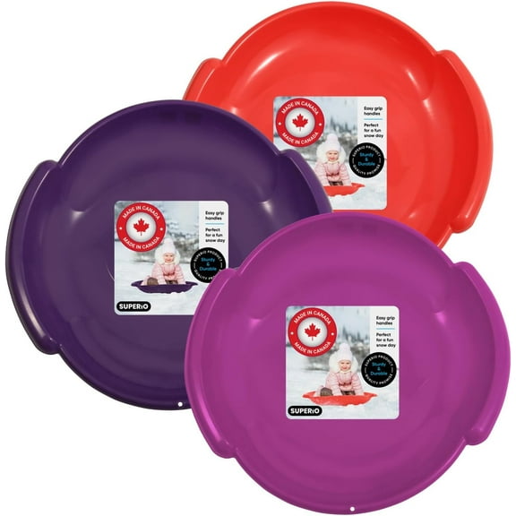 Superio Round Snow Sled, Heavy Duty Plastic Saucer Toddler Sled with Handles 24" Winter Snow Toys Fun for Kids and Adults 3-Pack, Red-Purple-Fuchsia Pink