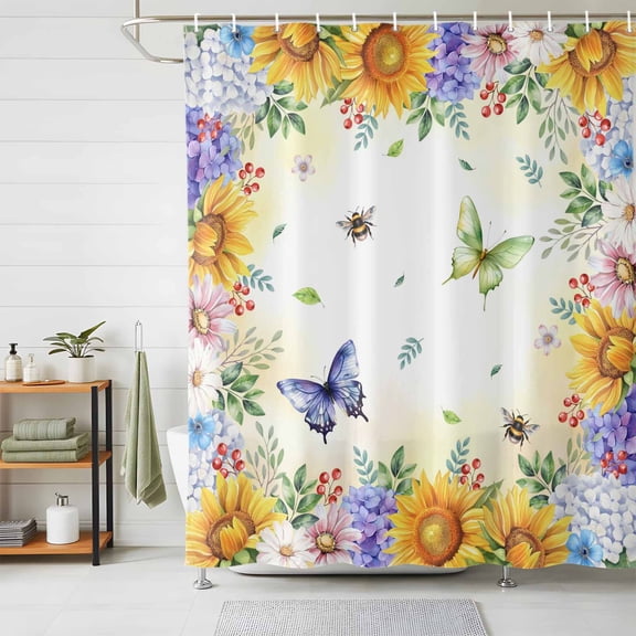 Shower Curtain Sunflower Daisy Butterfly Bee Shower Curtains for Bathroom Decor, Waterproof Polyester Shower Curtain Set with Hooks, Standard Size 72" x 72" Spring Floral Yellow