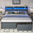 thumbnail image 3 of Walsunny Queen Bed Frame with Led Light and 2 Drawers, Metal Platform Bed with Charging Station and Linen Fabric Storage Headboard Strong Metal Slats Black, 3 of 9