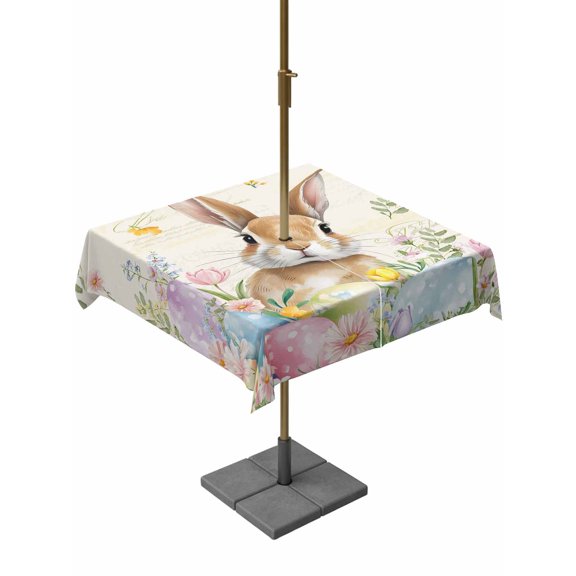 Outdoor Tablecloth with Umbrella Hole and Zipper, Easter Square Table Cloth 54x54 Inch Waterproof Tablecloth, Pastoral Spring Bunny Eggs Botanical Flowers Leaf Picnic Table Cover for Patio Camping