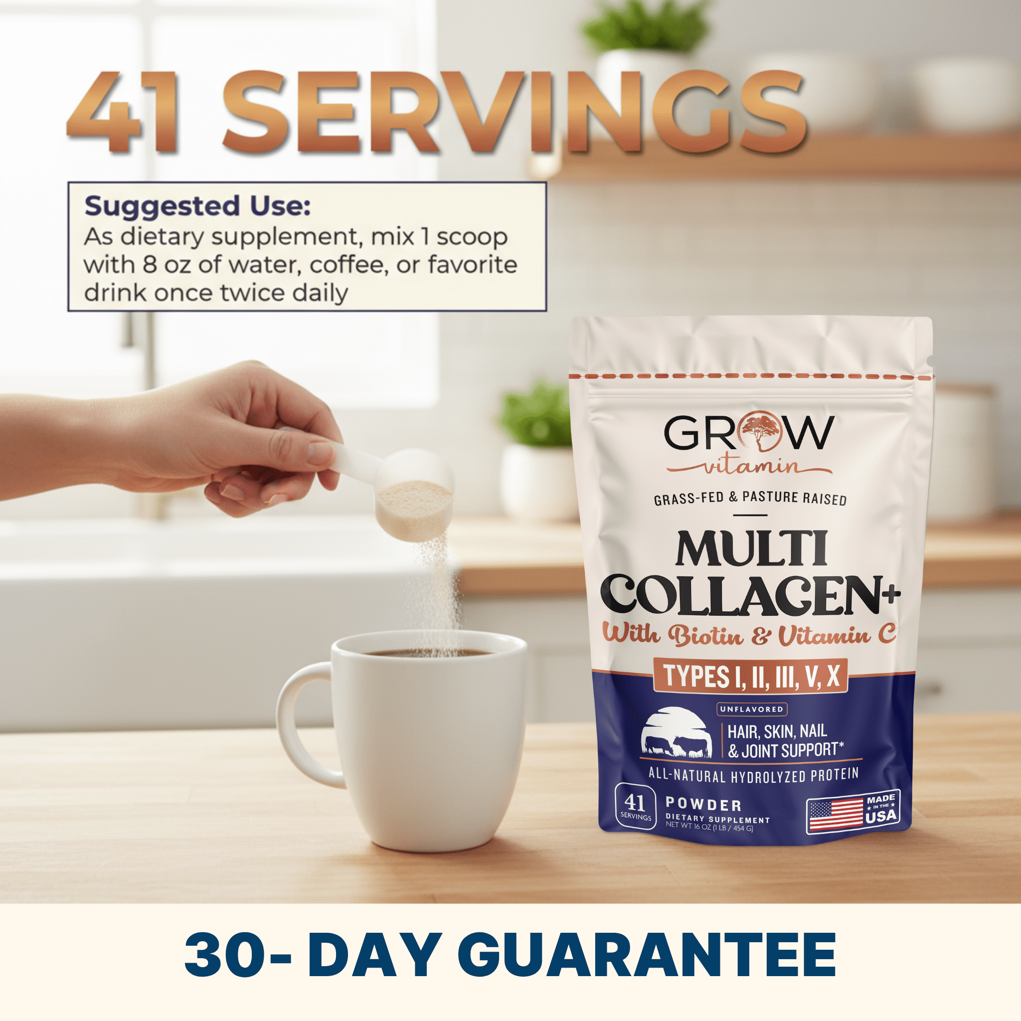 Grow Vitamin Collagen Peptides, Hair Skin Nail and Joint Support, Type I & III, Hydrolyzed Protein, 41 Servings, 16 oz