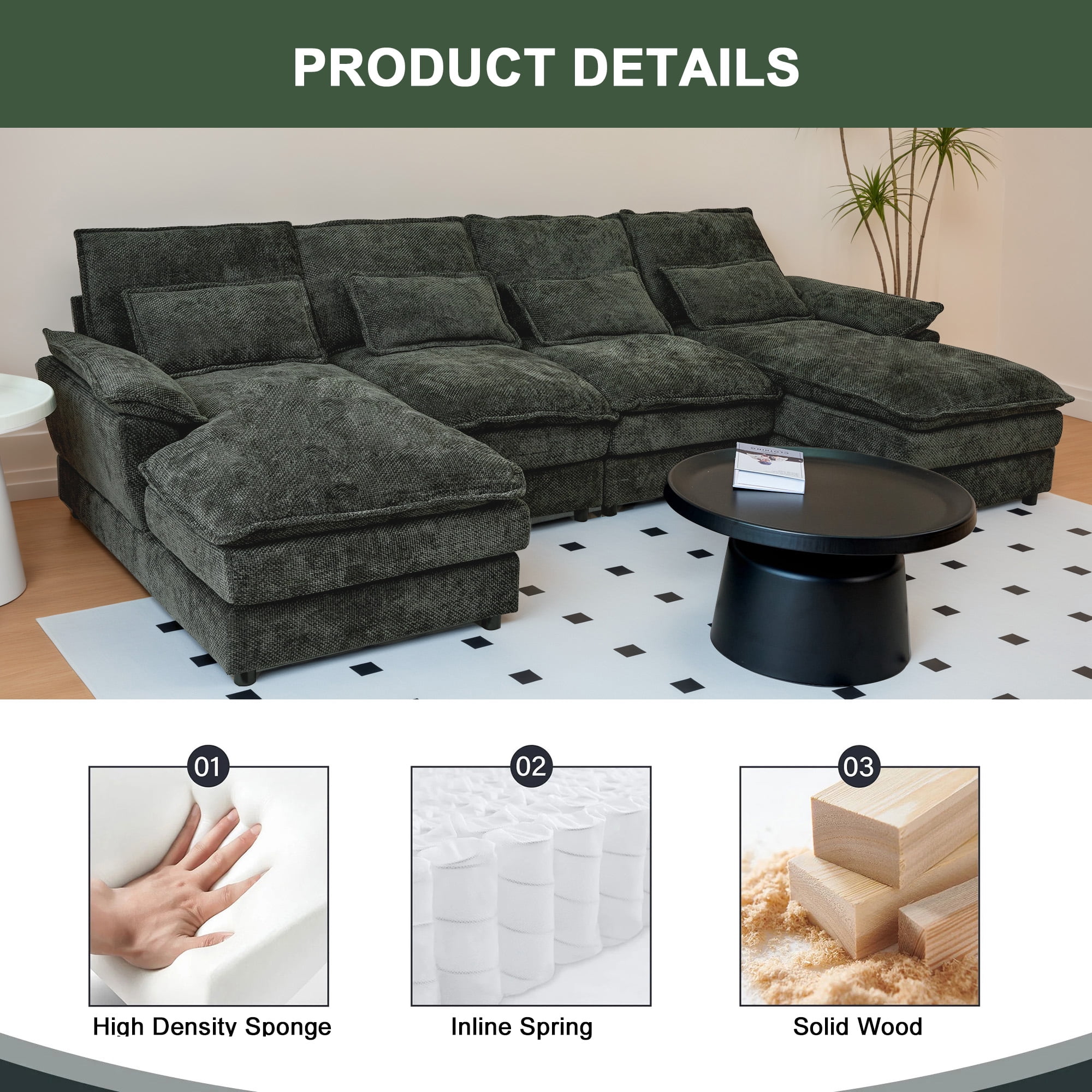 SOULART 110" Cloud Sofa, Black-Gray U Shaped Sectional Couches For Living Room, Modular Couch With Chaise