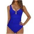 thumbnail image 2 of qolati Womens One Piece Swimsuit Metal Buckle V Neck Tummy Control Bathing Suit Ruched Slimmings High Cut Swim Suit Summer Blue M, 2 of 5