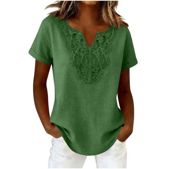 Women's Linen Tops Front Lace Patchwork V Neck Summer Casual T-shirts Rolled Short Sleeve Boho Loose Fit Tshirts (XL, Green)