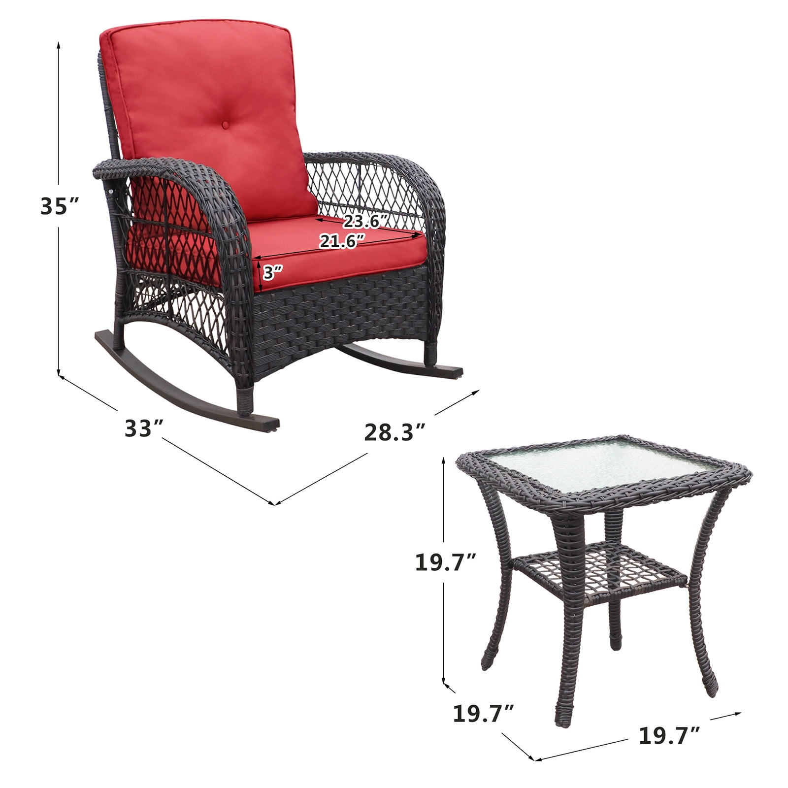 ATR ART to REAL 3 Pcs Outdoor Wicker Rocking Furniture Sets,Rattan Rocker Chair Sets with Table for Porch, Red