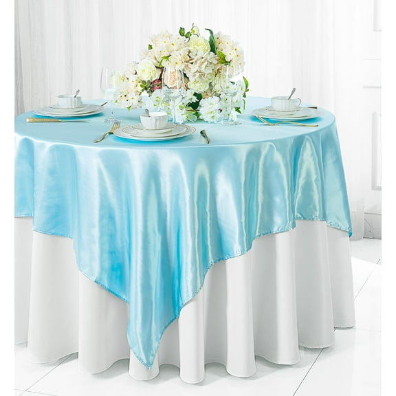 Wedding Linens Inc. 85 inch Square Satin Table Overlay Toppers - Baby Blue