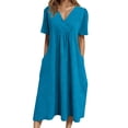 thumbnail image 2 of Tshirt Dress Women Cotton Linen Spring Summer Short Sleeve V Neck Smocked Loose Fit Flowy Midi Dress with Pockets, 2 of 5