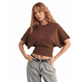 thumbnail image 2 of T-shirts pour Femmes à Col Rond, Taille Resserrée, T-Shirt Décontracté à Manches Courtes, Hauts d'Entraînement, Couleur Unie, T-Shirts Basiques, Brun, G, 2 of 5