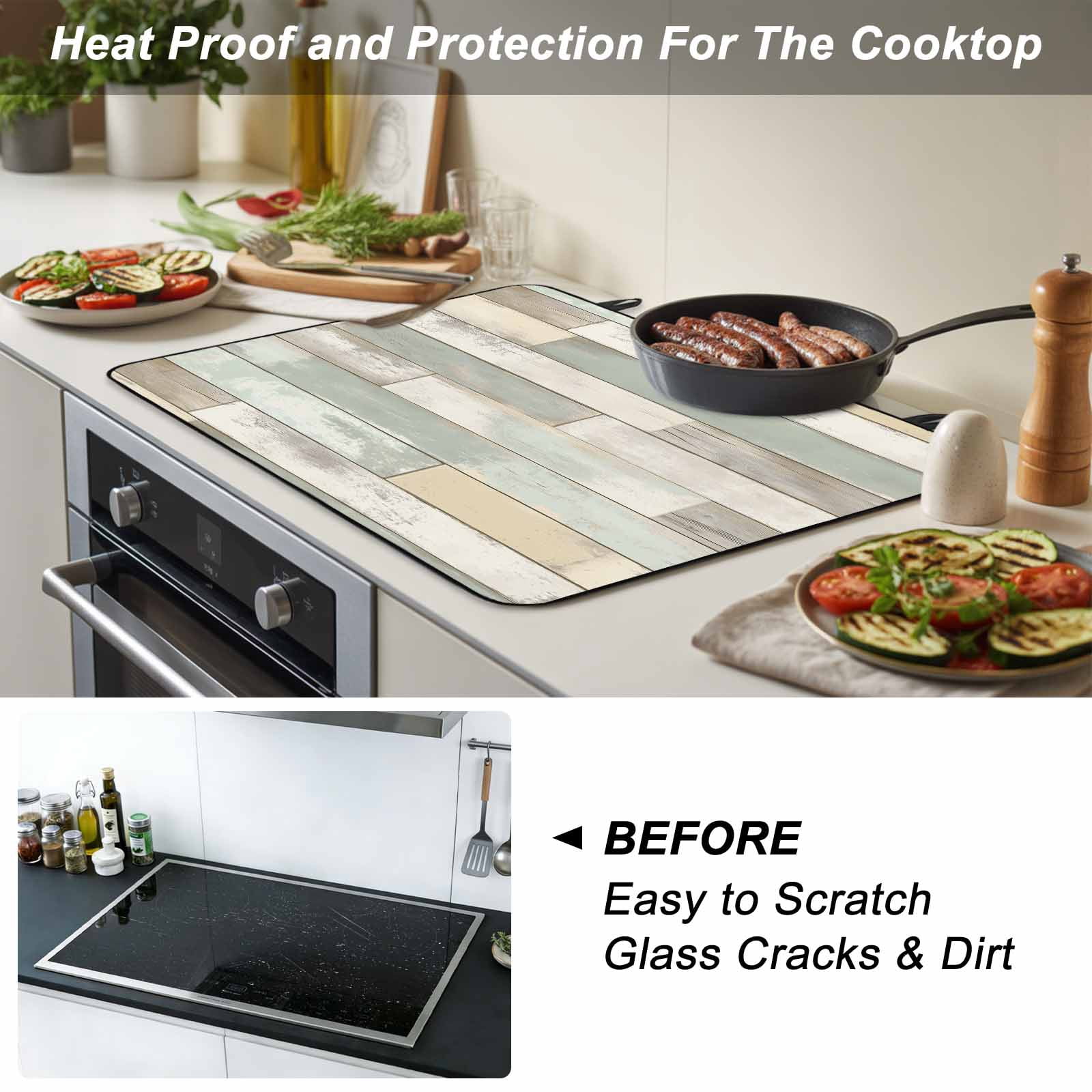 Beige Light Green Stove Top Cover for Electric Stove, Heat-proof & Non Slip Glass Top Stove Cover Protector, Farmhouse Wooden Striped Kitchen Flat Cooktop Rubber Mat 24x21 Inches