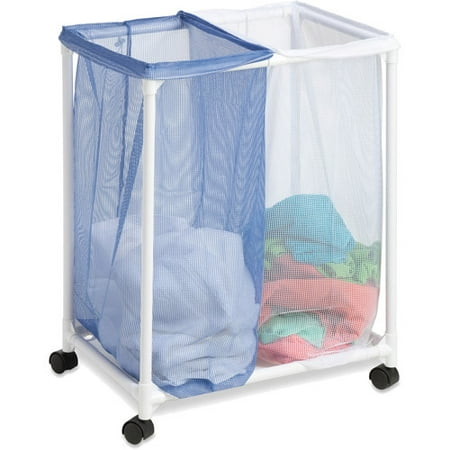 Honey Can Do Rolling Laundry Sorter with 2 Nylon Mesh Bags, White/Blue