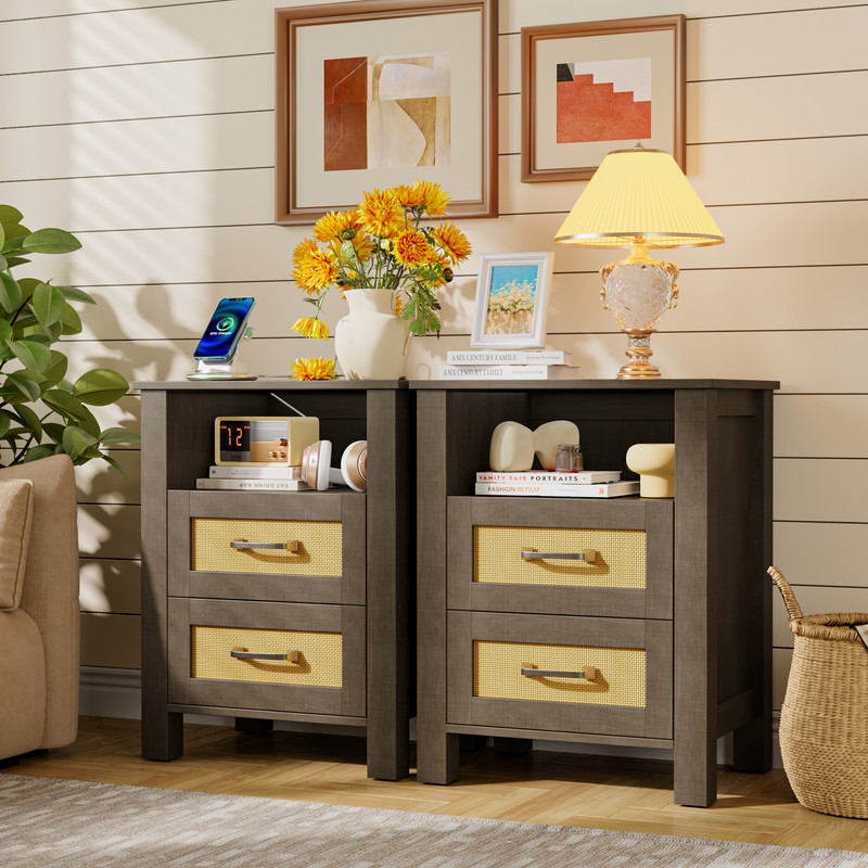 Vineego Rattan Nightstand Set of 2 with Power Outlet, End Table Beside Table with 2 Drawers & 1 Open Shelf for Bedroom Living Room, Beige