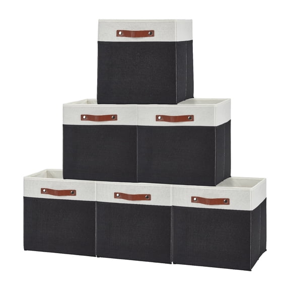 DSstyles Adult Stackable 6-Compartment Closet Organizer Box Set with Leather Handles, White & Black, 6 Count, 6 Pack