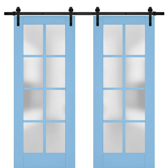 Sturdy Double Barn Door with Frosted Glass | Veregio 7412 Aquamarine | 13FT Rail Hangers Heavy Set | Solid Panel Interior Doors-36" x 96" (2* 18x96)-Black Rail
