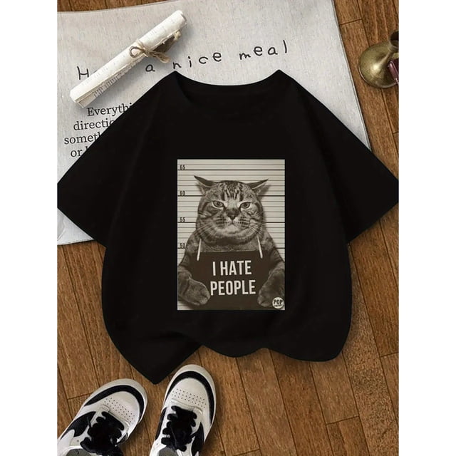 1pc Women'S Casual Cat Graphic T-Shirt "I HATE PEOPLE" - Humorous Print, Crew Neck, Short Sleeve, Regular Length, Perfect for Casual Attire or Holiday Gifts