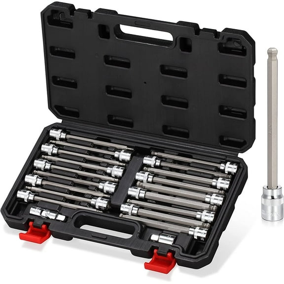3/8 Inch Drive Long Ball End Hex Bit Socket Set,20-Piece SAE & Metric Allen Socket Set 3mm to 10mm & 1/8-3/8 Inch S2 Steel Bits
