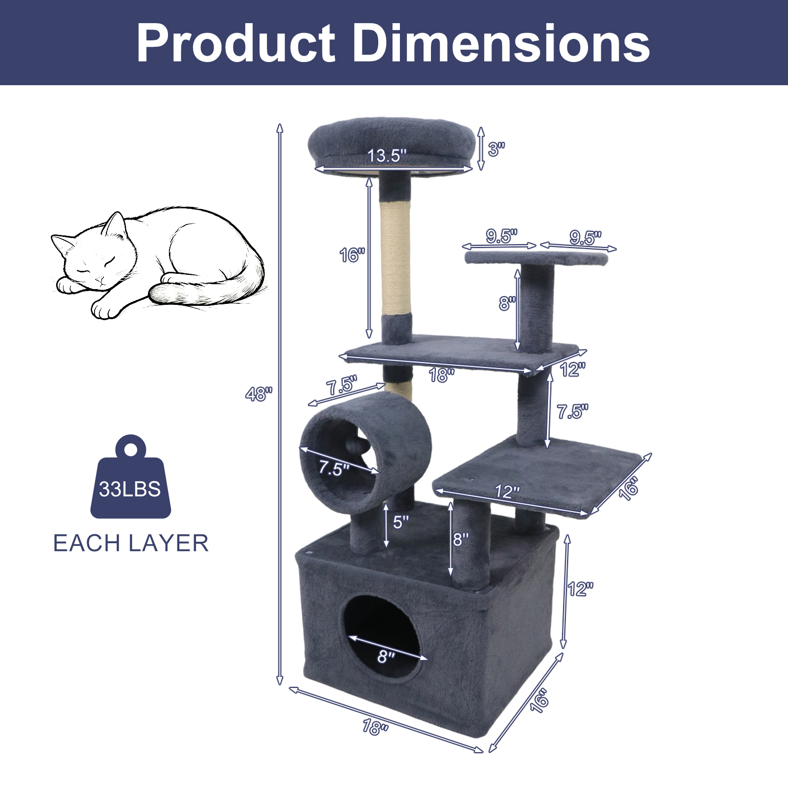 Gymax 48'' Tall Cat Tree w/ Large Condo Padded Top Perch Jute Scratching Post Tunnel Dark Grey